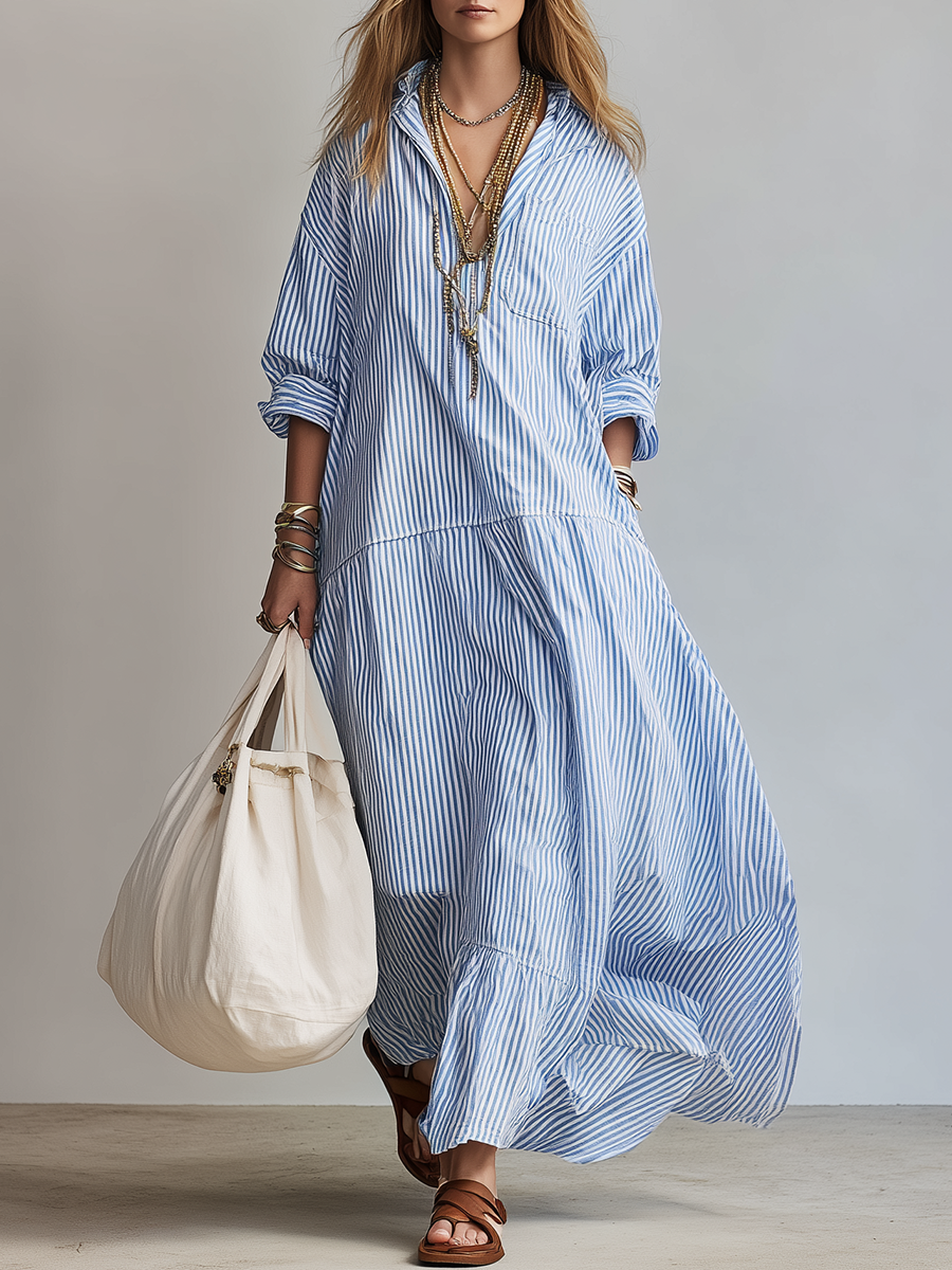 Rosana | Vestido camisero largo a rayas azules