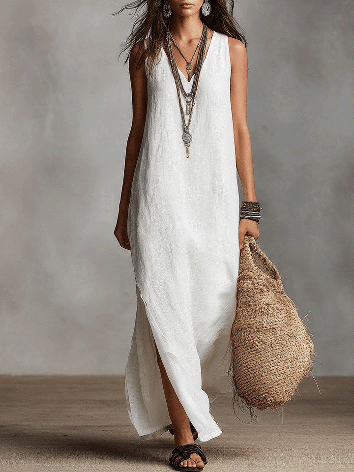 Gisela | Vestido largo blanco con escote en pico