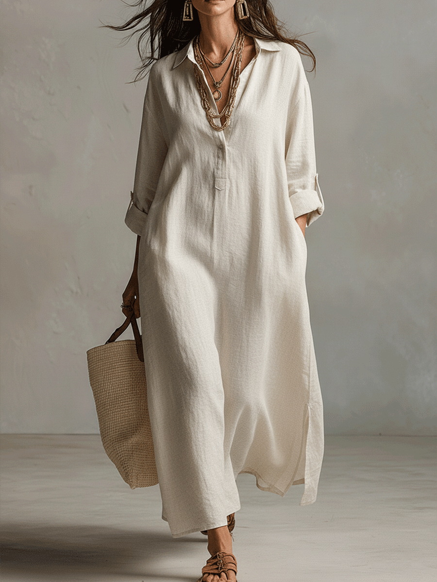 Pastora | Vestido camisero largo de lino en crema