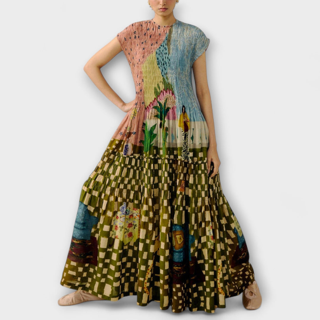 Magdalena | Vestido maxi con volantes y estampado animal