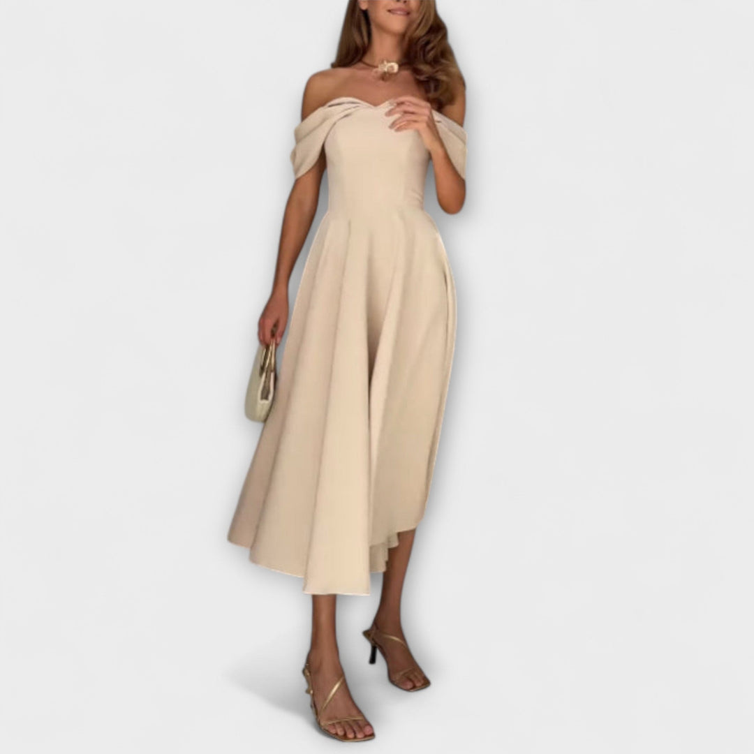 Mariana | Vestido maxi drapeado con hombros descubiertos