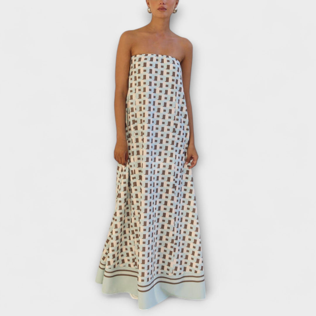 Maribel | Vestido maxi geométrico con hombros descubiertos