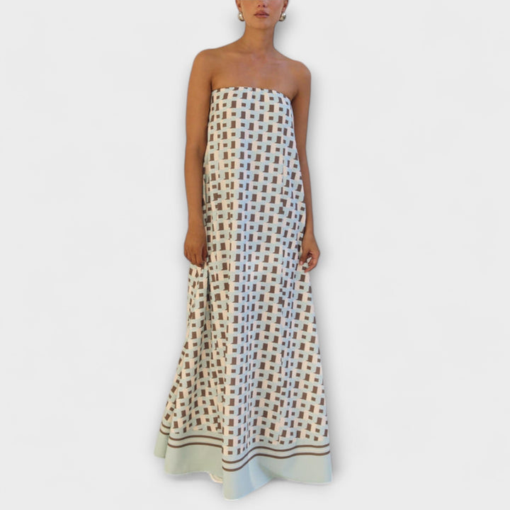 Maribel | Vestido maxi geométrico con hombros descubiertos