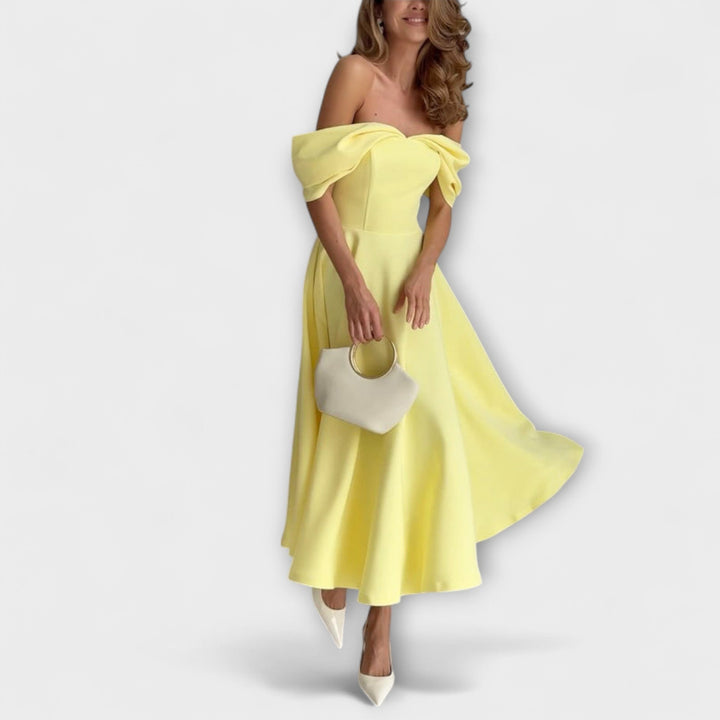 Mariana | Vestido maxi drapeado con hombros descubiertos