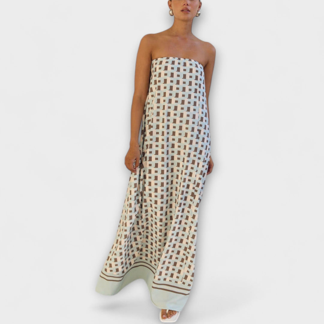 Maribel | Vestido maxi geométrico con hombros descubiertos