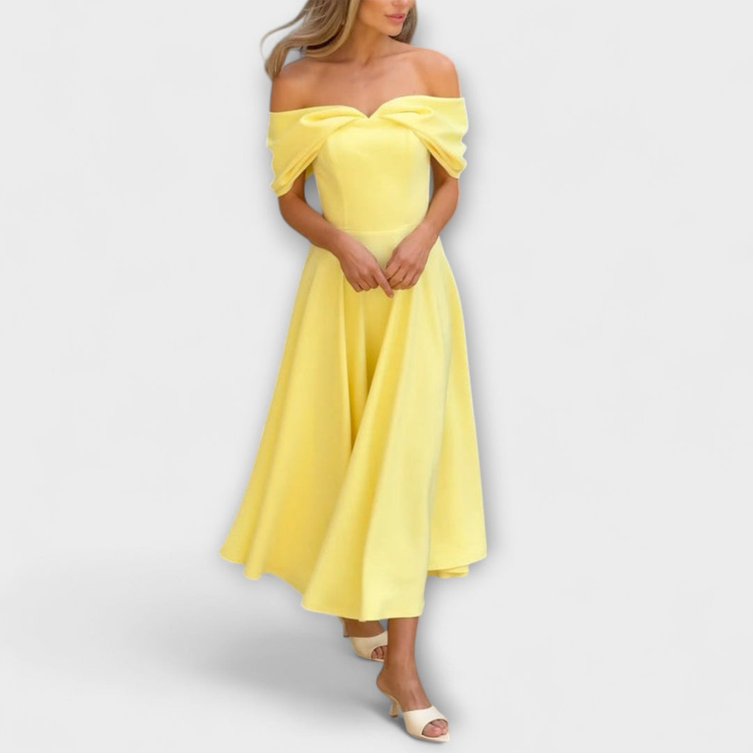 Mariana | Vestido maxi drapeado con hombros descubiertos