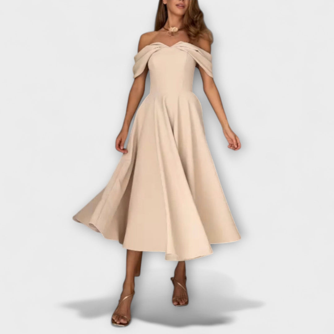 Mariana | Vestido maxi drapeado con hombros descubiertos