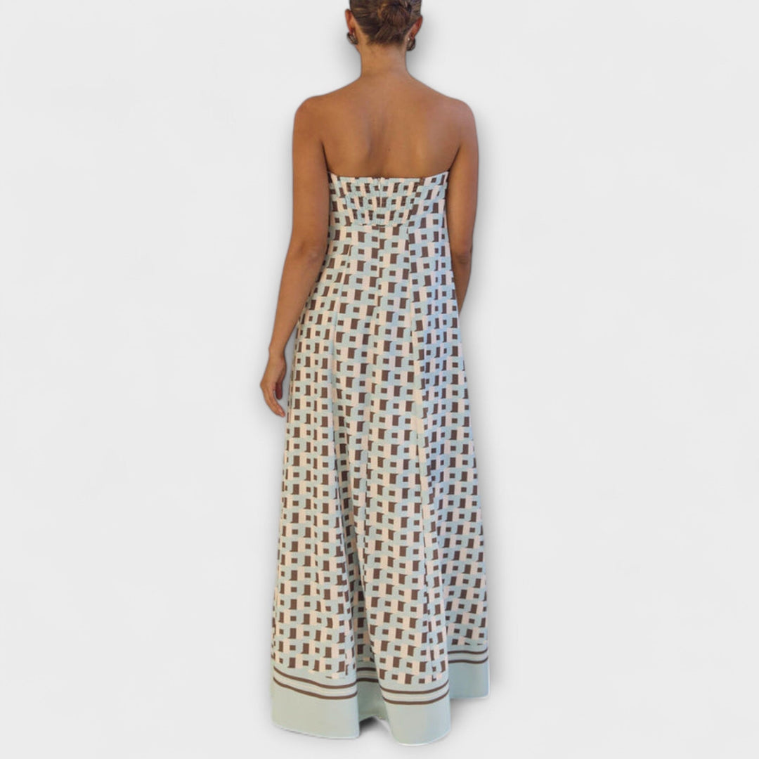 Maribel | Vestido maxi geométrico con hombros descubiertos