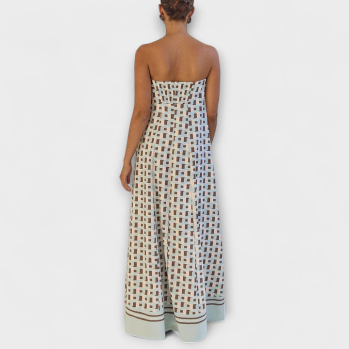 Maribel | Vestido maxi geométrico con hombros descubiertos