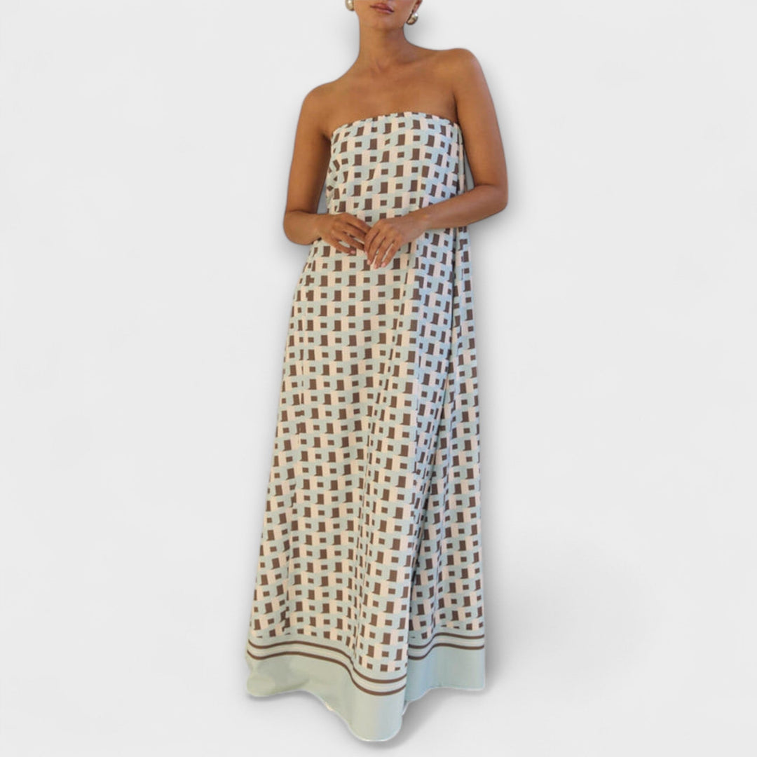Maribel | Vestido maxi geométrico con hombros descubiertos