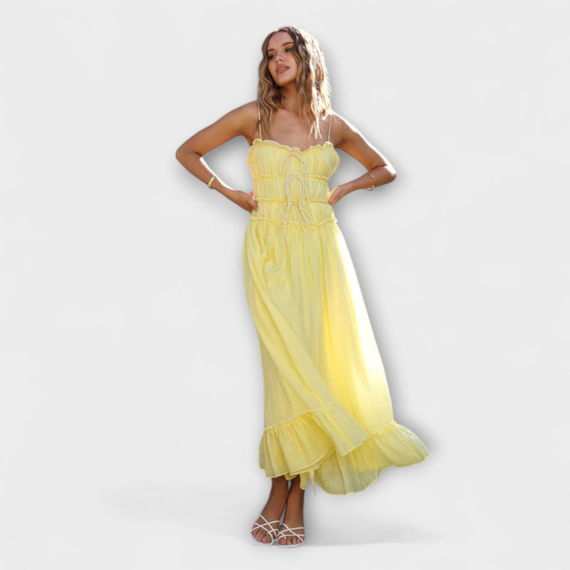 Aroa | Vestido midi sin mangas con volantes