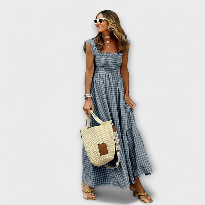 Fátima | Vestido maxi de cuadros con mangas de volante