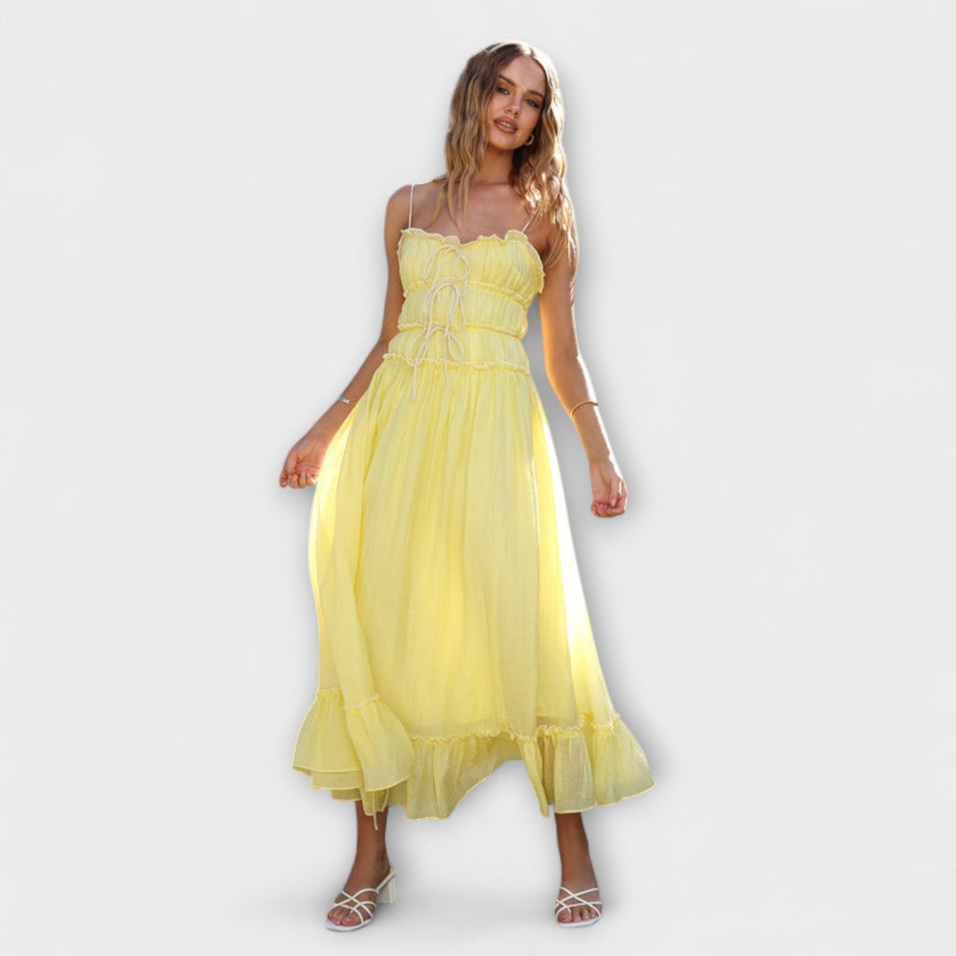 Aroa | Vestido midi sin mangas con volantes