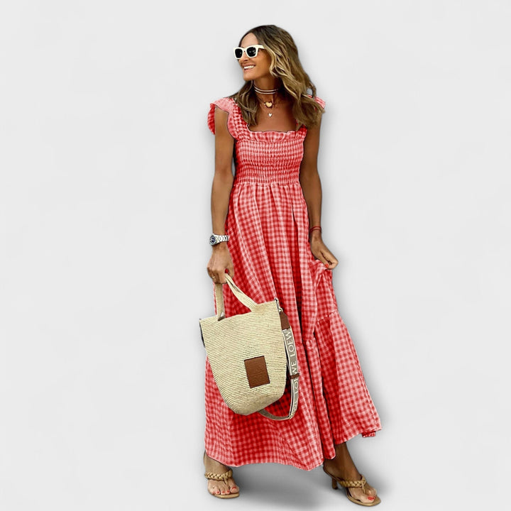 Fátima | Vestido maxi de cuadros con mangas de volante