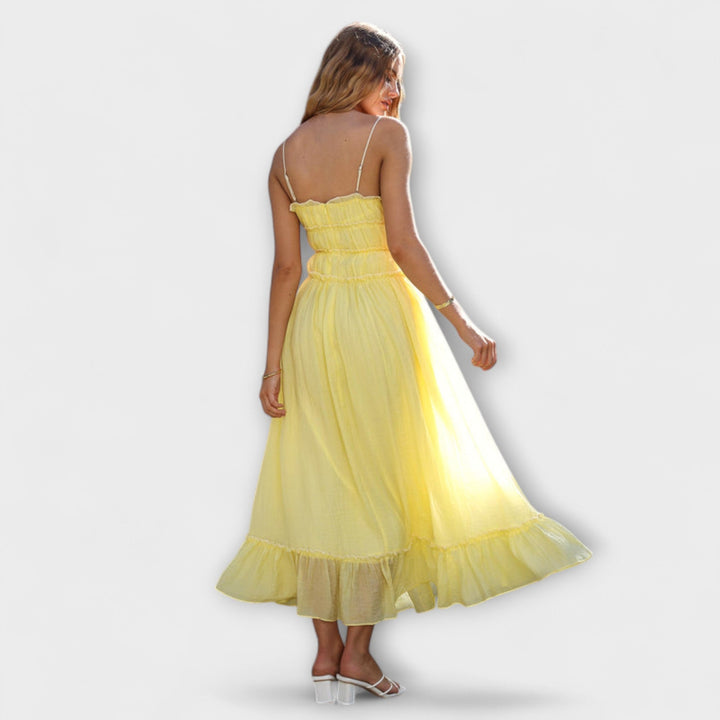 Aroa | Vestido midi sin mangas con volantes