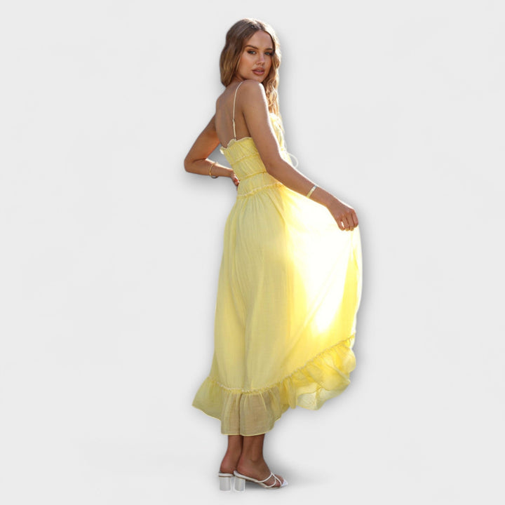 Aroa | Vestido midi sin mangas con volantes