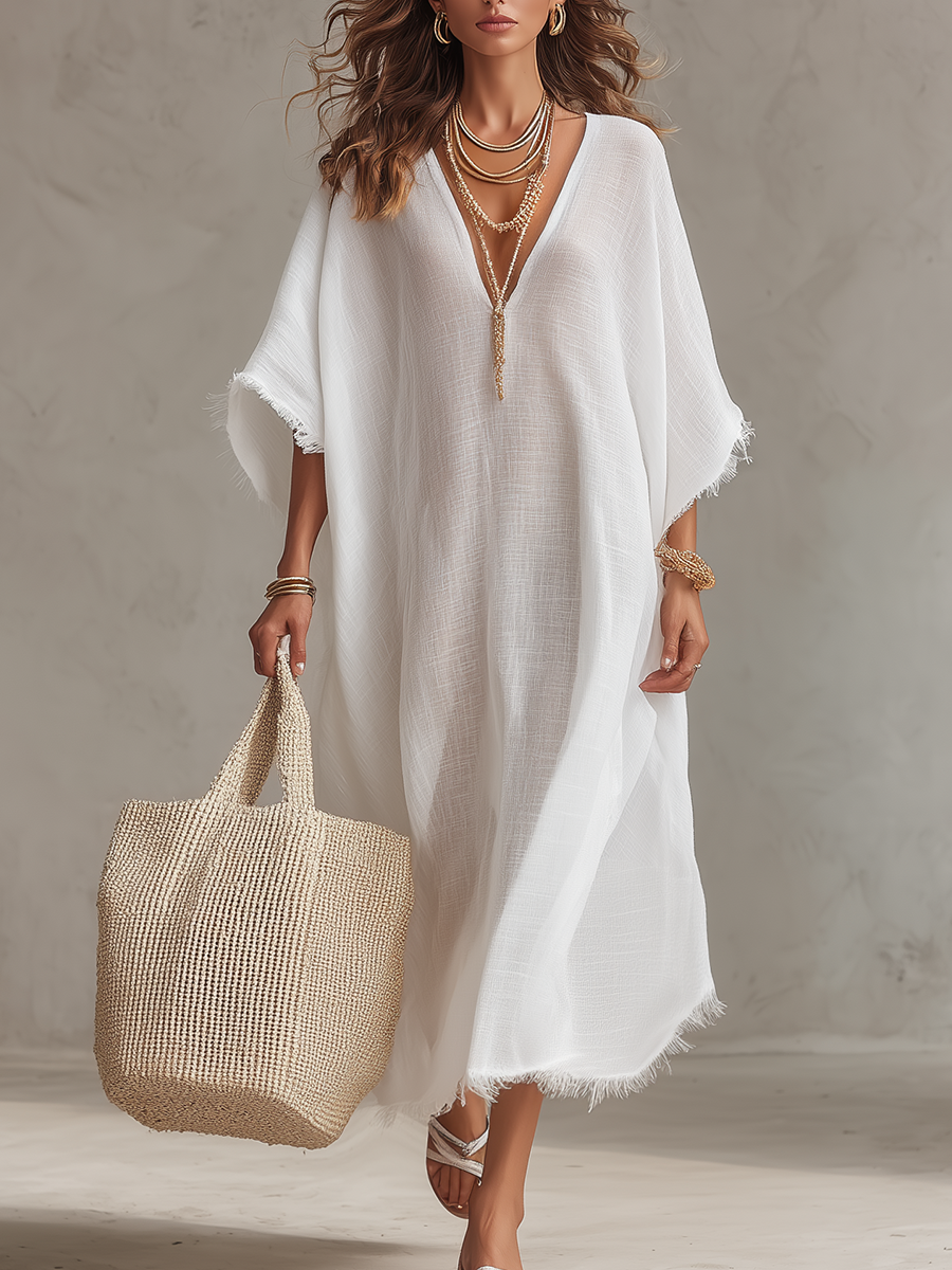 Flora | Vestido midi de lino con escote en pico