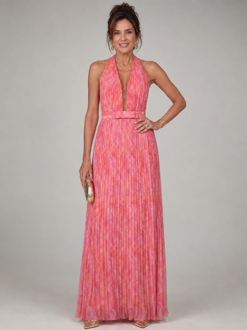Sofía | Vestido largo plisado en coral