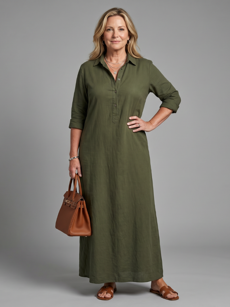 Lorena | Vestido largo verde oliva efecto lino