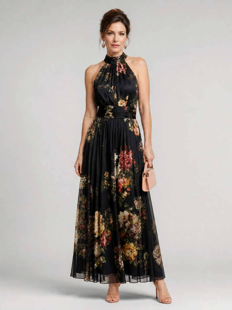 Victoria | Vestido largo con rosas sobre negro