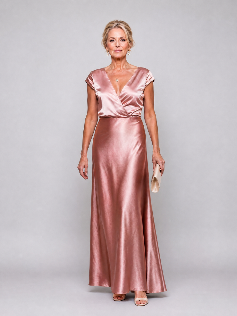 Sara | Vestido largo de satén en oro rosa
