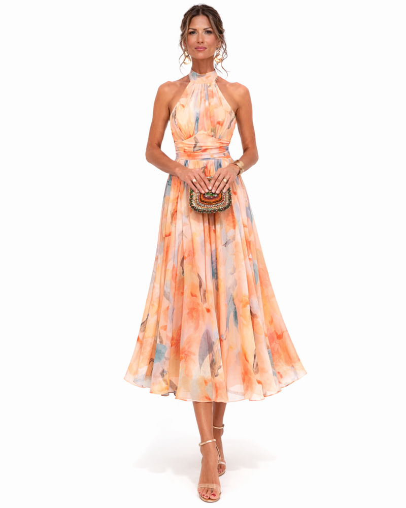 Aitana | Vestido maxi halter con estampado en acuarela