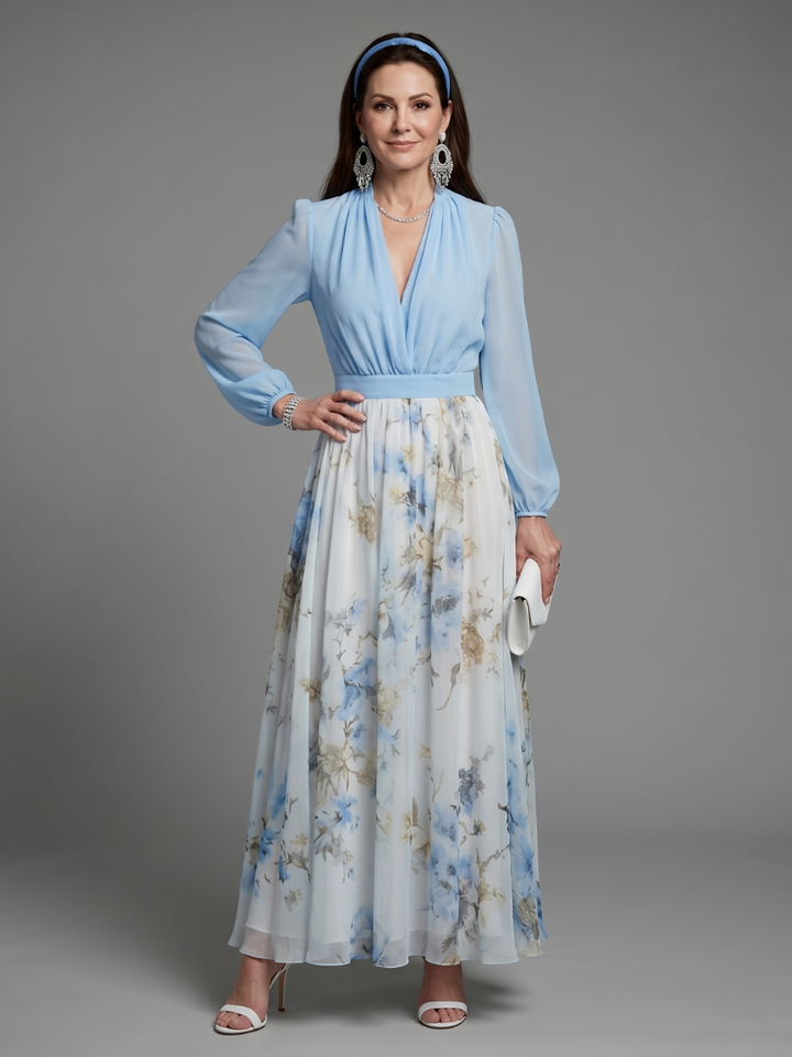 Laura | Vestido largo azul claro con falda floral