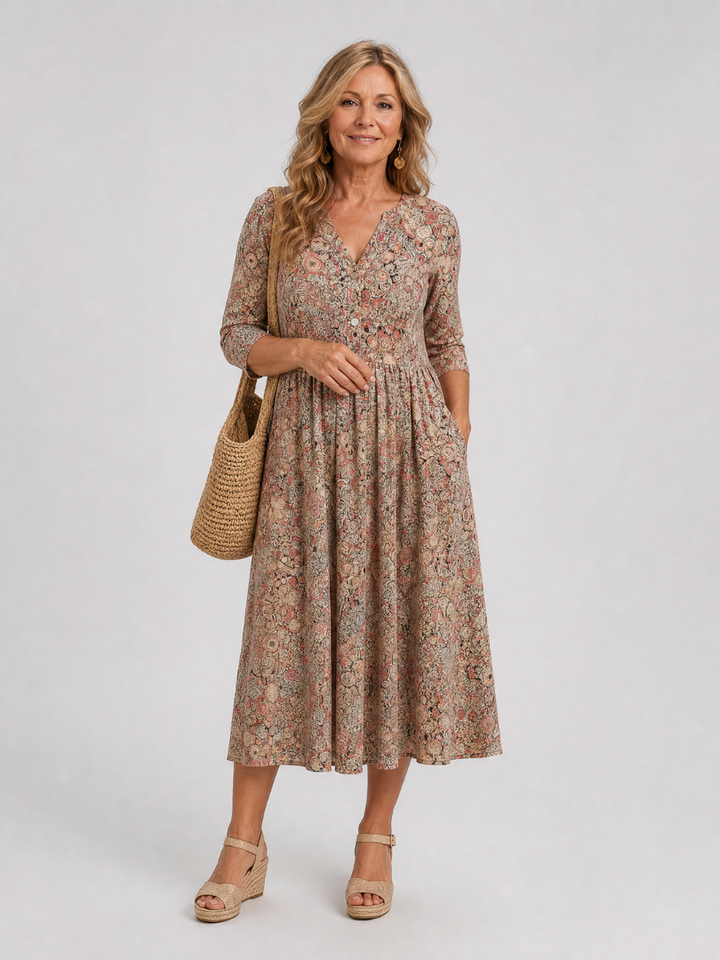 Eugenia | Vestido midi con flores pequeñas en beige
