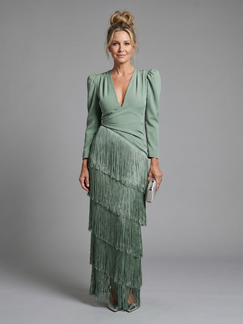 Lucía | Vestido midi con flecos en verde salvia