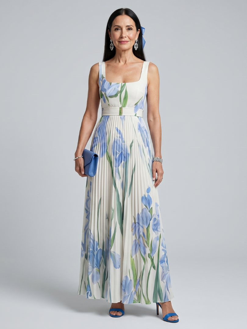 Rocío | Vestido plisado con lirios sobre blanco