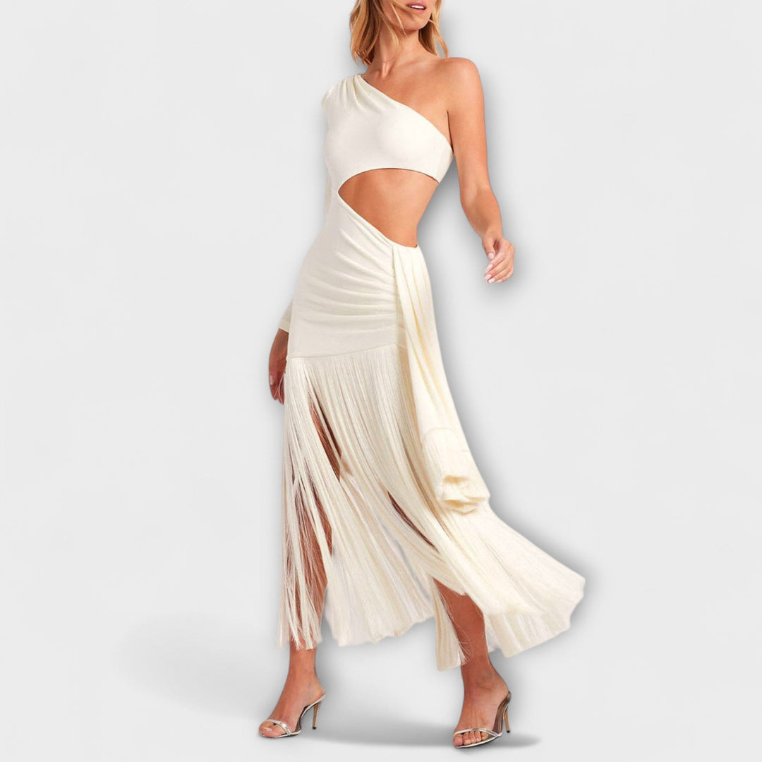 Pilar | Vestido maxi con abertura y flecos