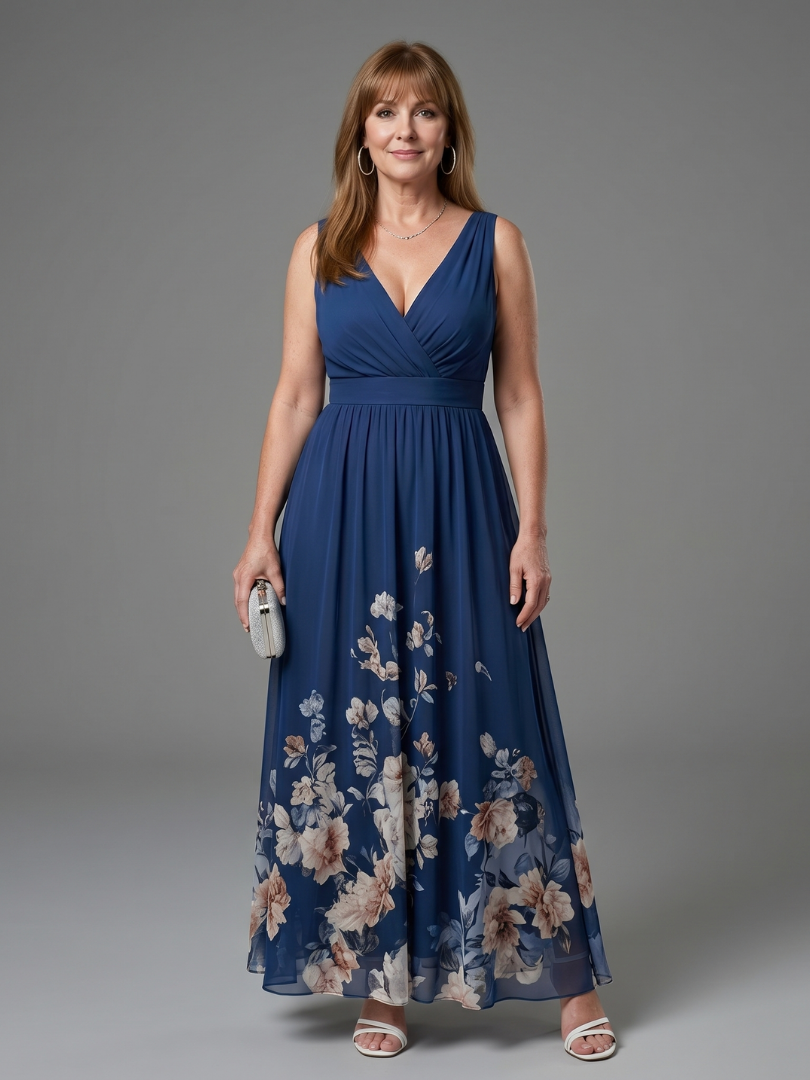 Mar | Vestido largo azul marino con flores en el bajo