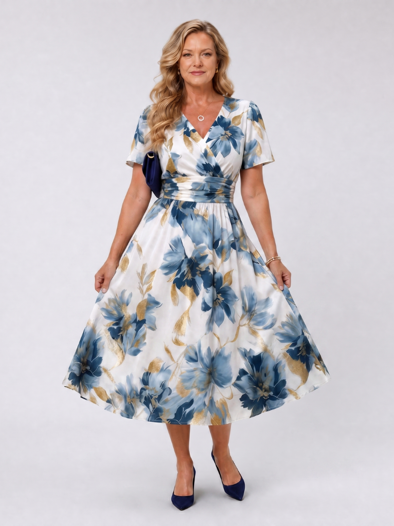 Elvira | Vestido midi con flores sobre azul
