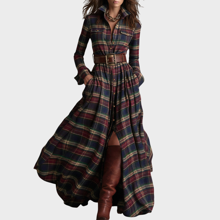 Amparo | Vestido maxi de cuadros con cuello clásico