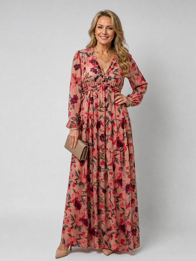 Fernanda | Vestido largo con flores en coral