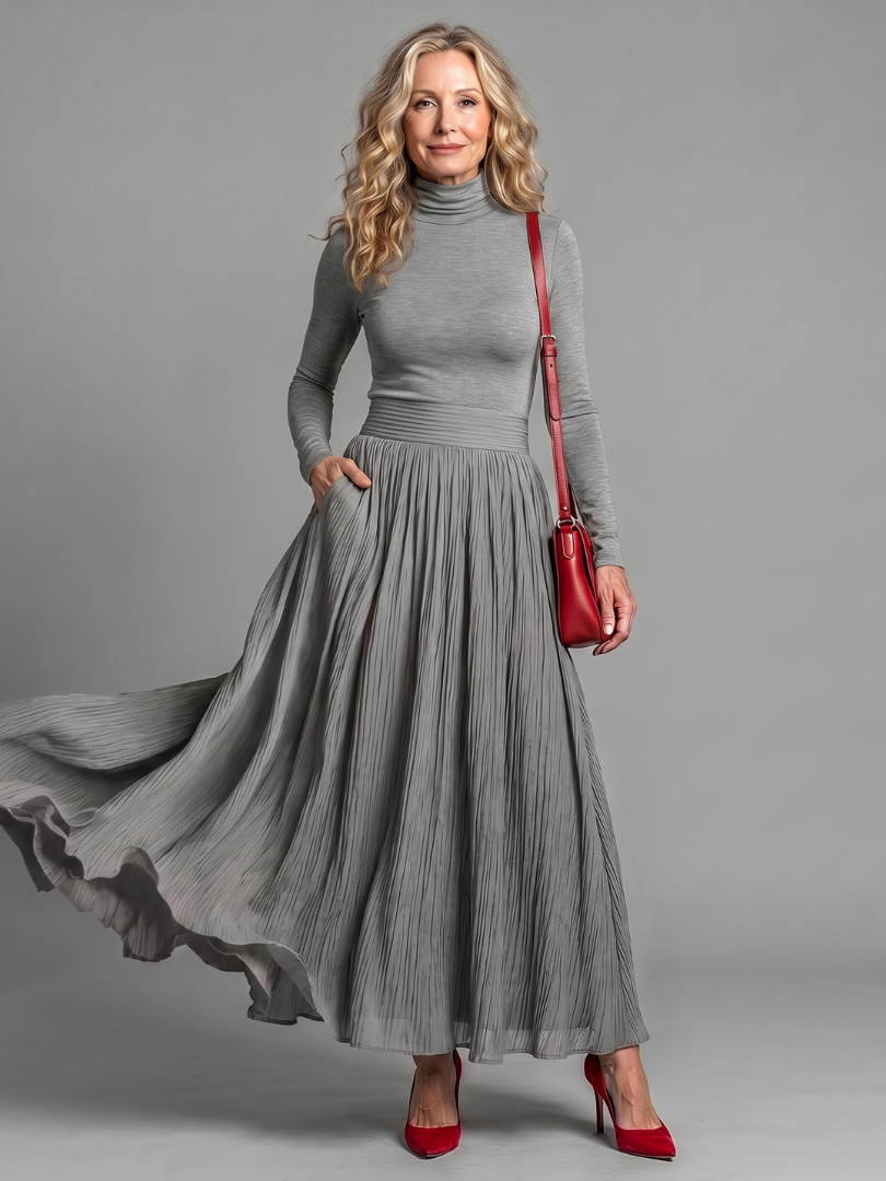 Lidia | Vestido de cuello alto con falda plisada