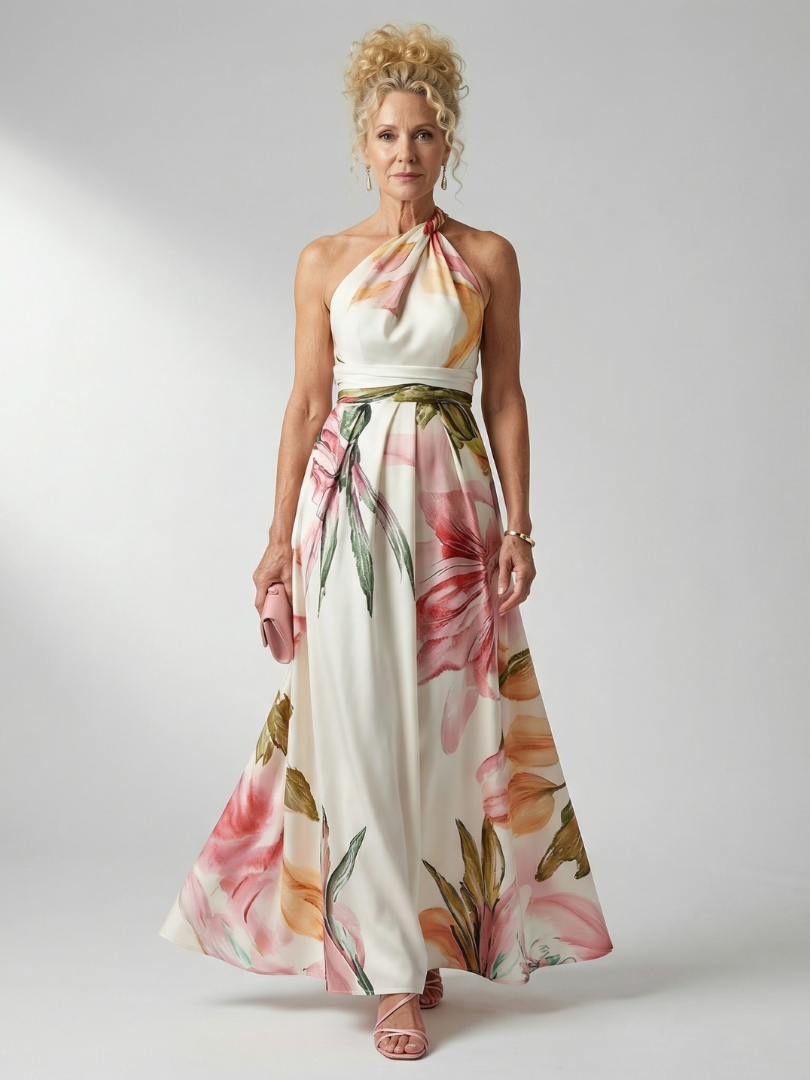Olivia | Vestido largo floral con cinturón de lazo