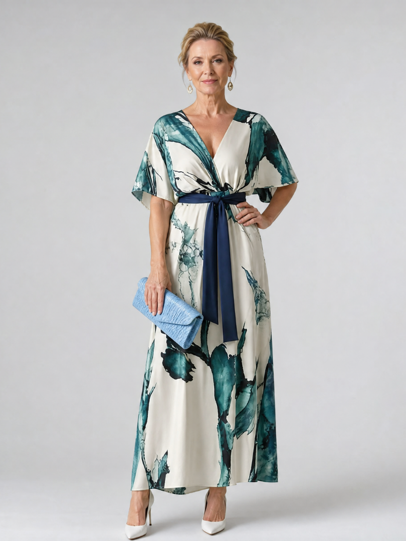 Estela | Vestido largo con hojas y cinturón de lazo