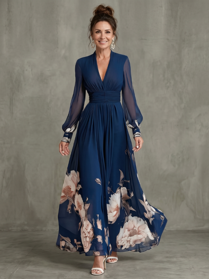 Leonor | Vestido largo azul marino con cenefa floral