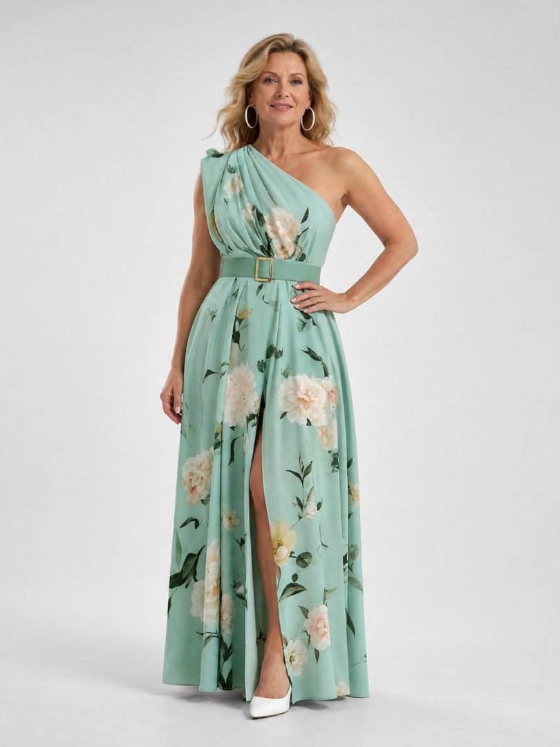 Encarna | Vestido largo de un solo hombro en verde menta
