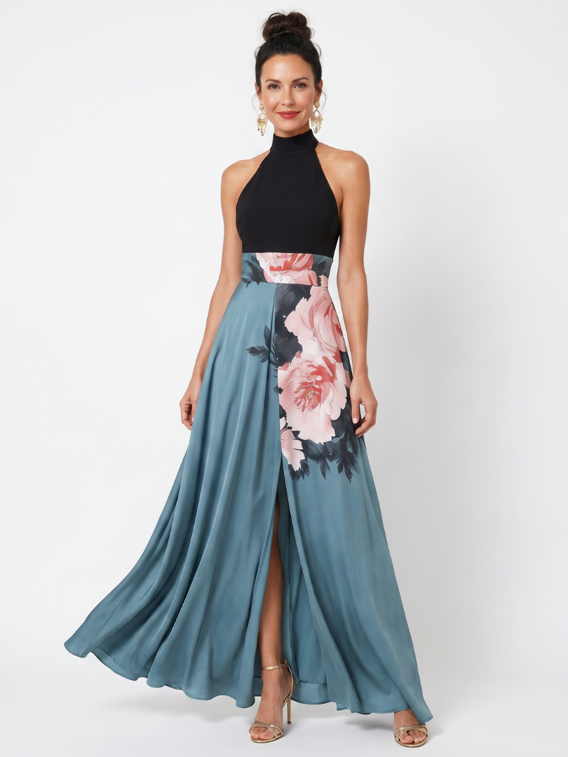 Paloma | Vestido largo con cuerpo negro y falda floral