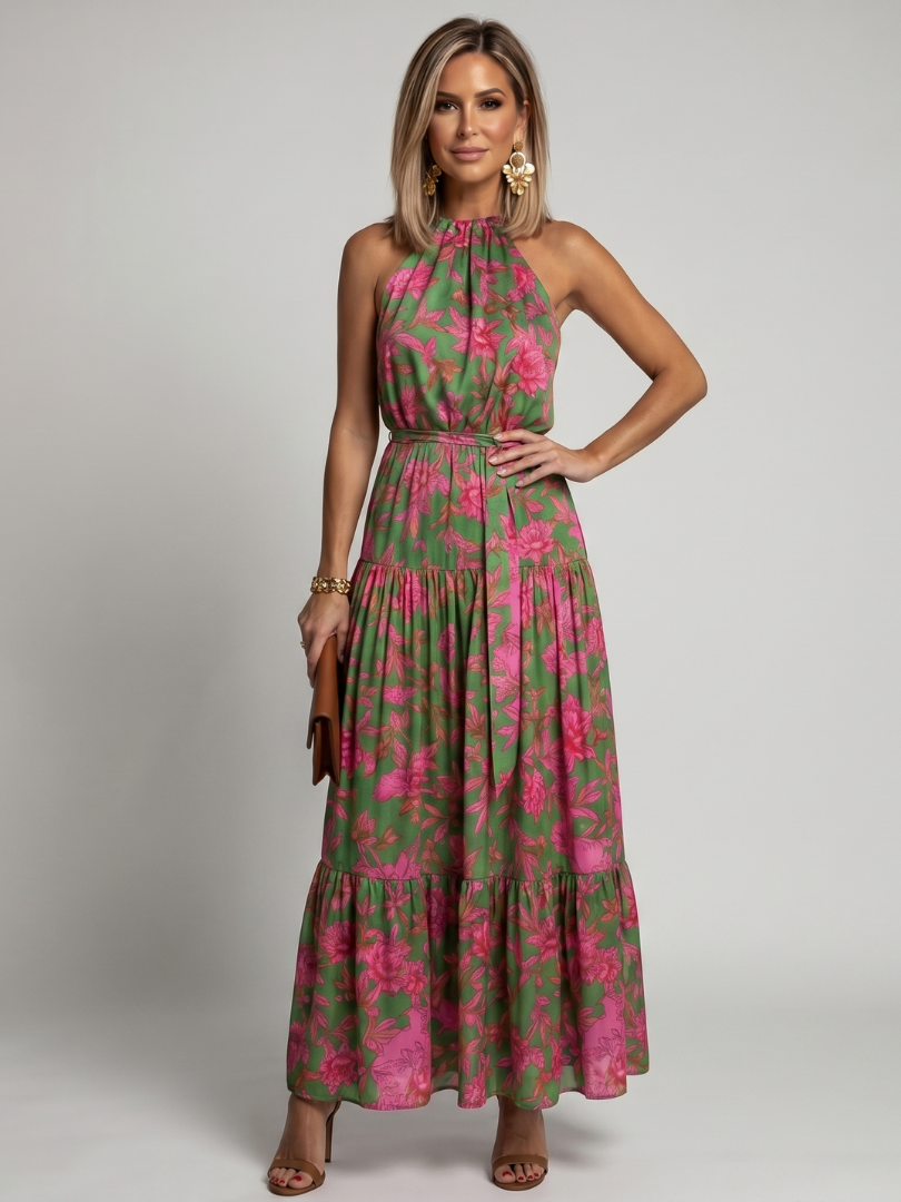 Olga | Vestido midi con flores en verde y rosa