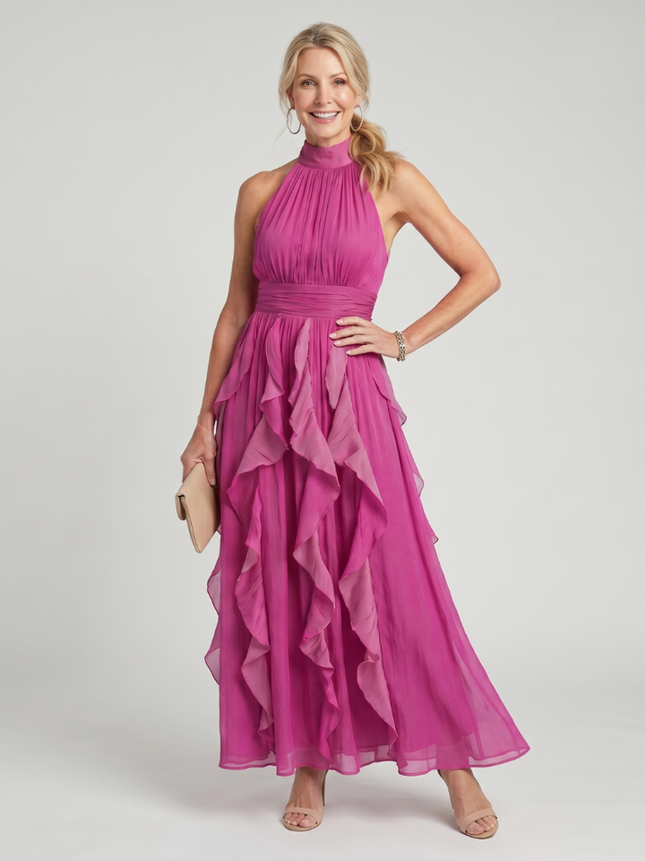 Pilar | Vestido largo magenta con volantes