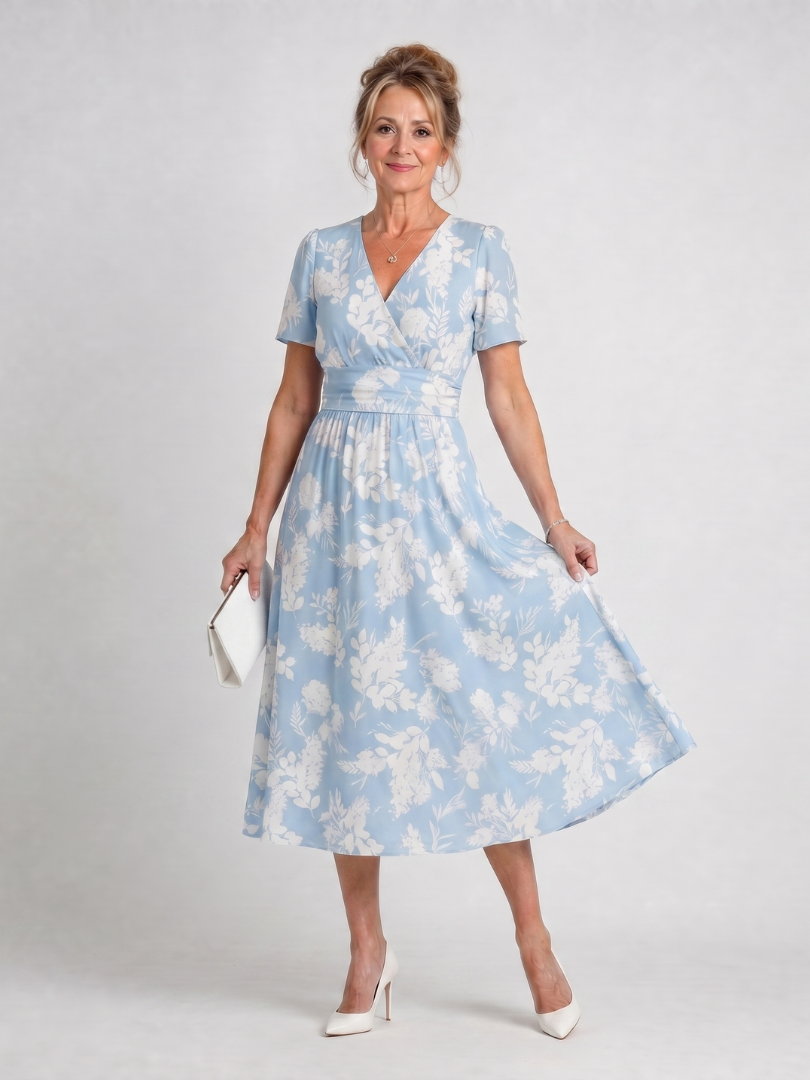 Esperanza | Vestido midi con flores sobre azul claro