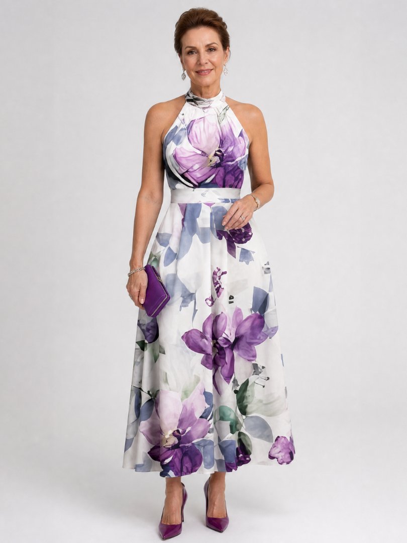 Fátima | Vestido midi con flores en morado