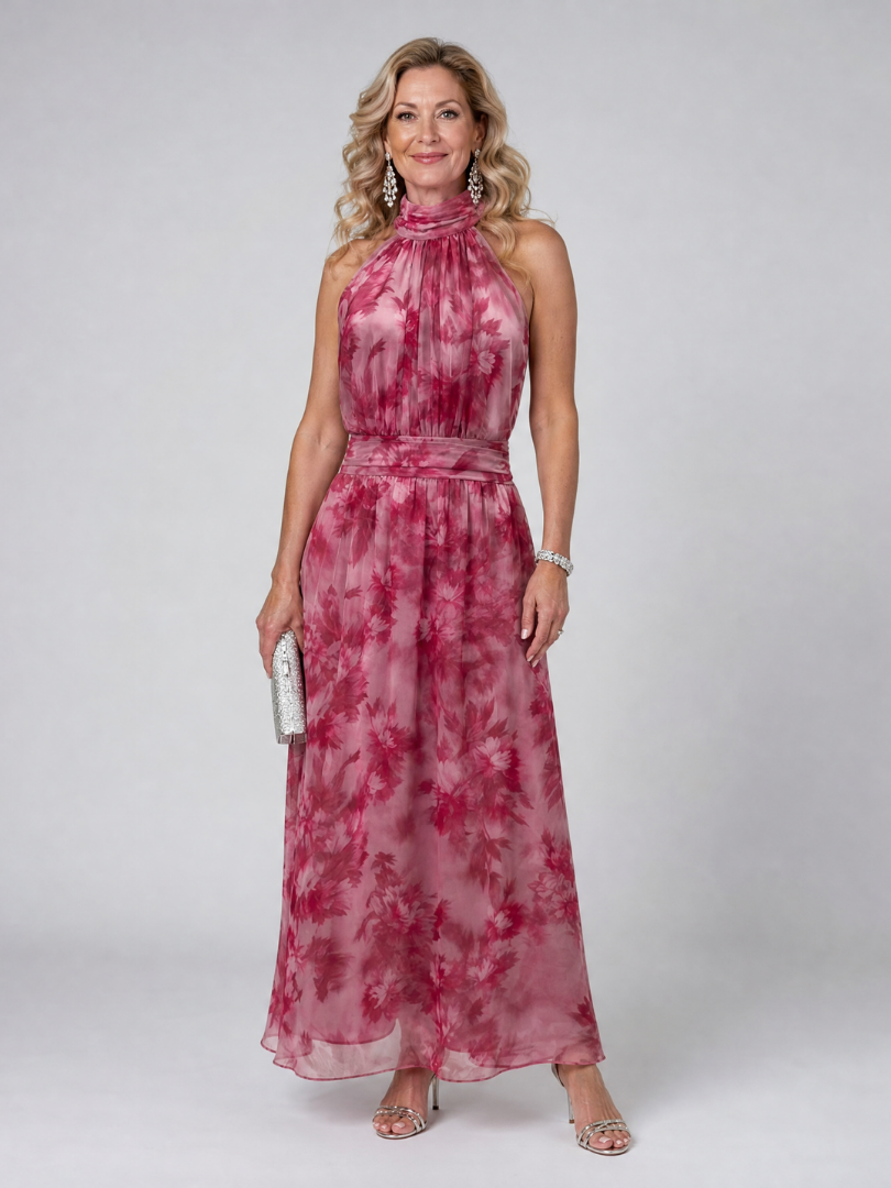 Rosa | Vestido midi con flores en rojo baya