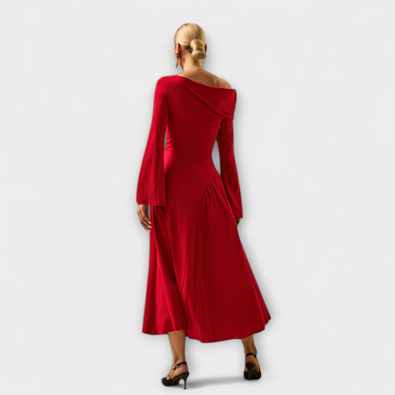 Aina | Vestido midi con hombros descubiertos y mangas abullonadas
