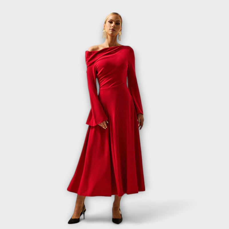 Aina | Vestido midi con hombros descubiertos y mangas abullonadas