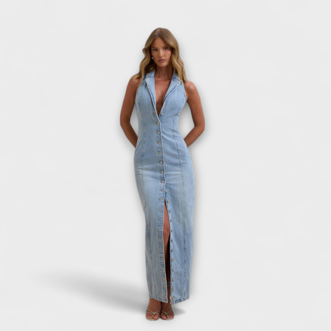 Manuela | Vestido maxi vaquero con escote halter