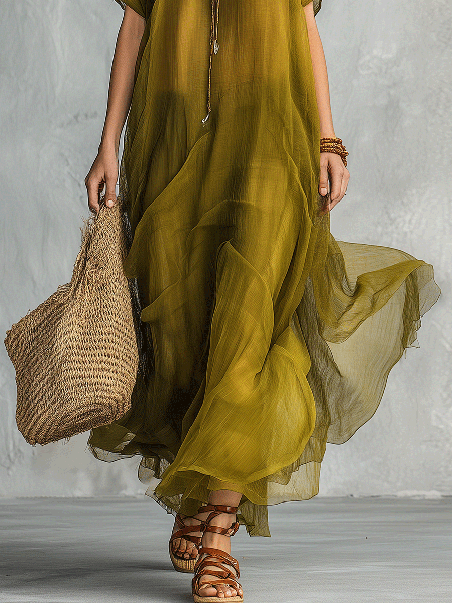 Abril | Vestido largo verde oliva con caída drapeada